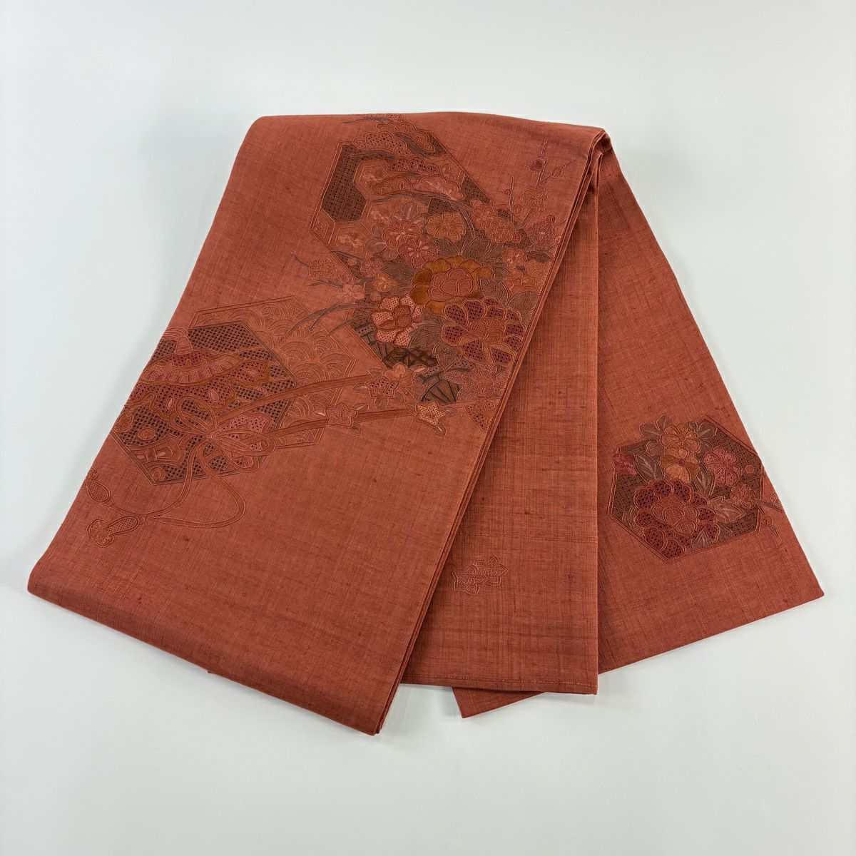 【美品】 袋帶 秀品級 紬織織地 關西仕立 花車 寶盡くし 刺繡 紅茶 お太鼓柄 純蠶絲