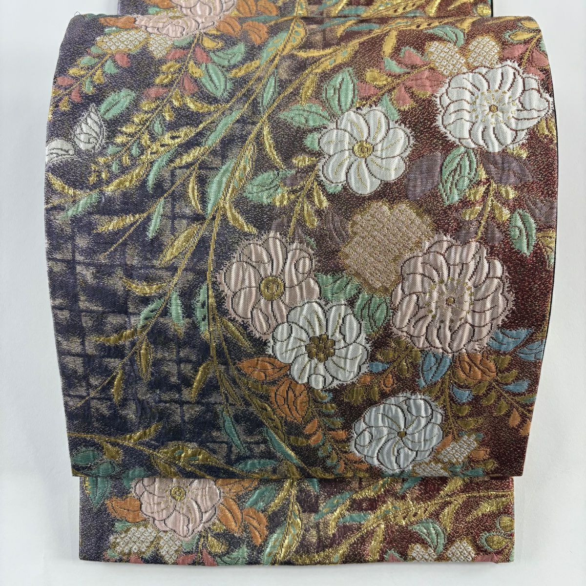 【美品】 袋帶 優品級 辻花染 草花紋紋 金金箔 紫 六通 純蠶絲