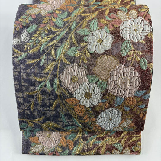 【美品】 袋帶 優品級 辻花染 草花紋紋 金金箔 紫 六通 純蠶絲