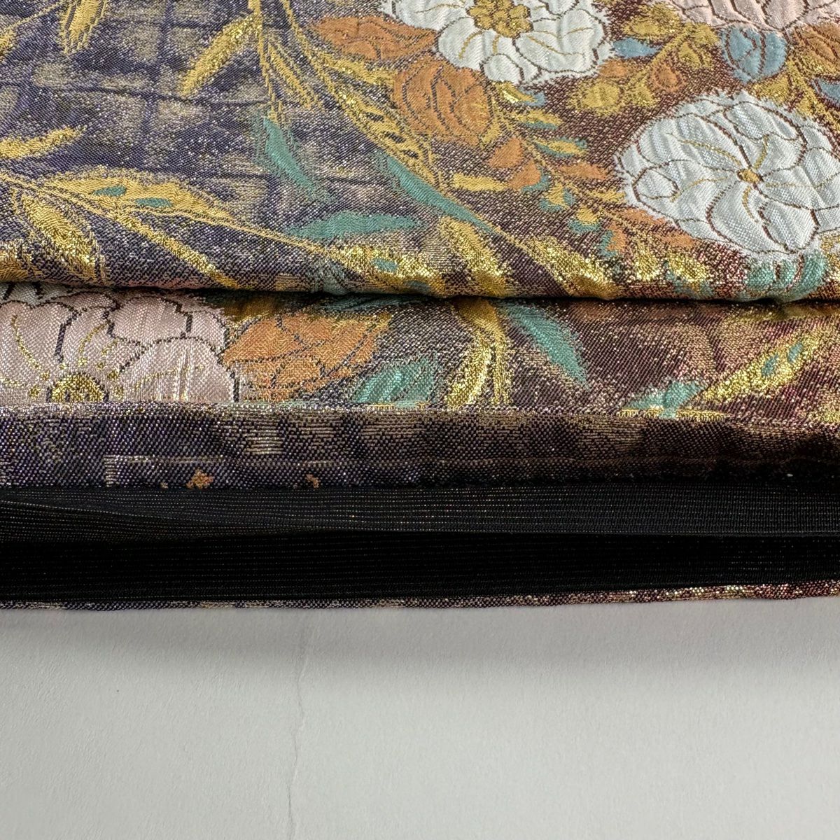 【美品】 袋帶 優品級 辻花染 草花紋紋 金金箔 紫 六通 純蠶絲