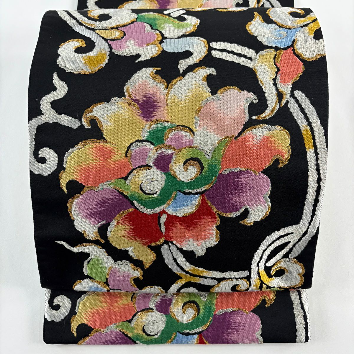 【美品】 袋帶 秀品級 唐花 金銀彩 唐織 黑 六通 純蠶絲