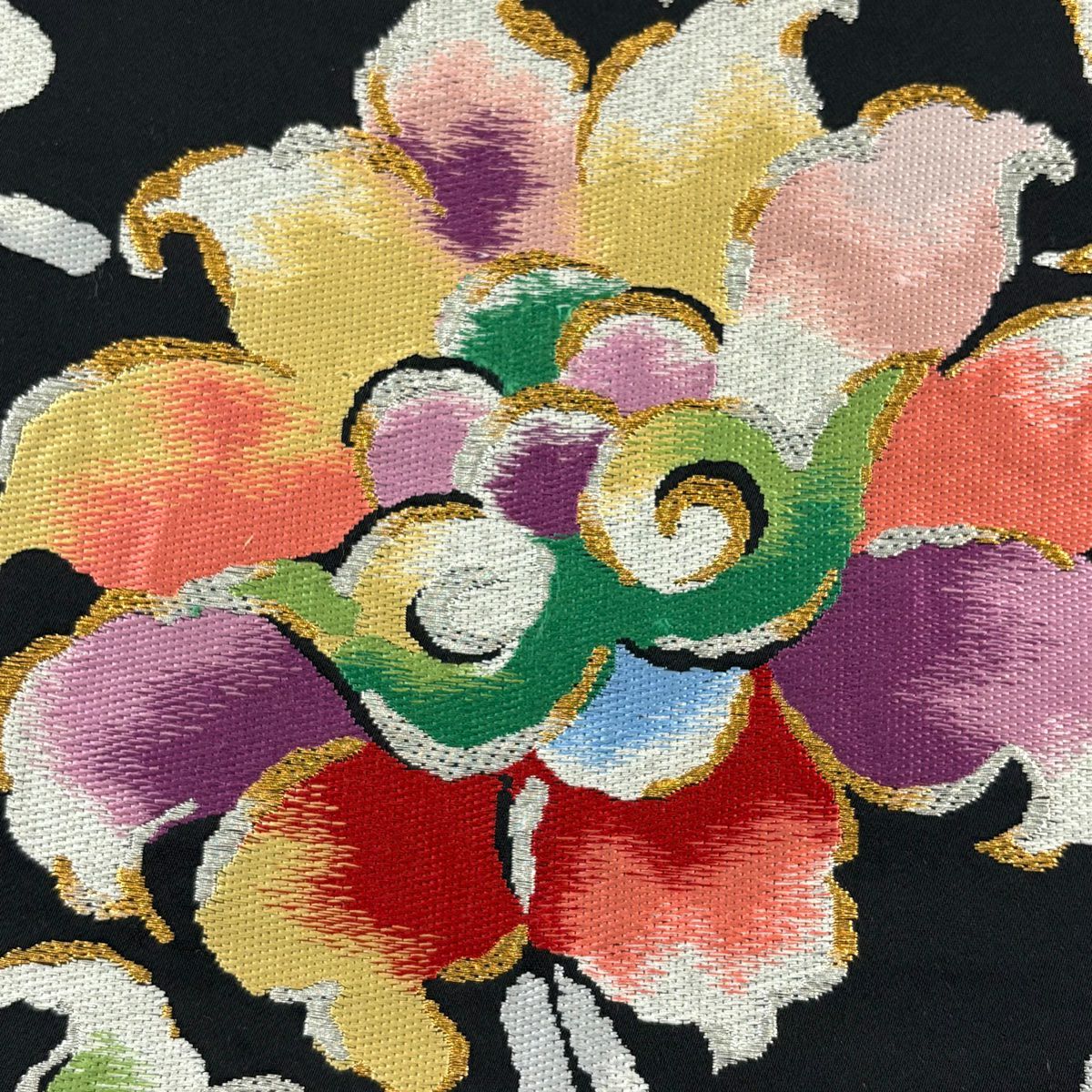 【美品】 袋帶 秀品級 唐花 金銀彩 唐織 黑 六通 純蠶絲
