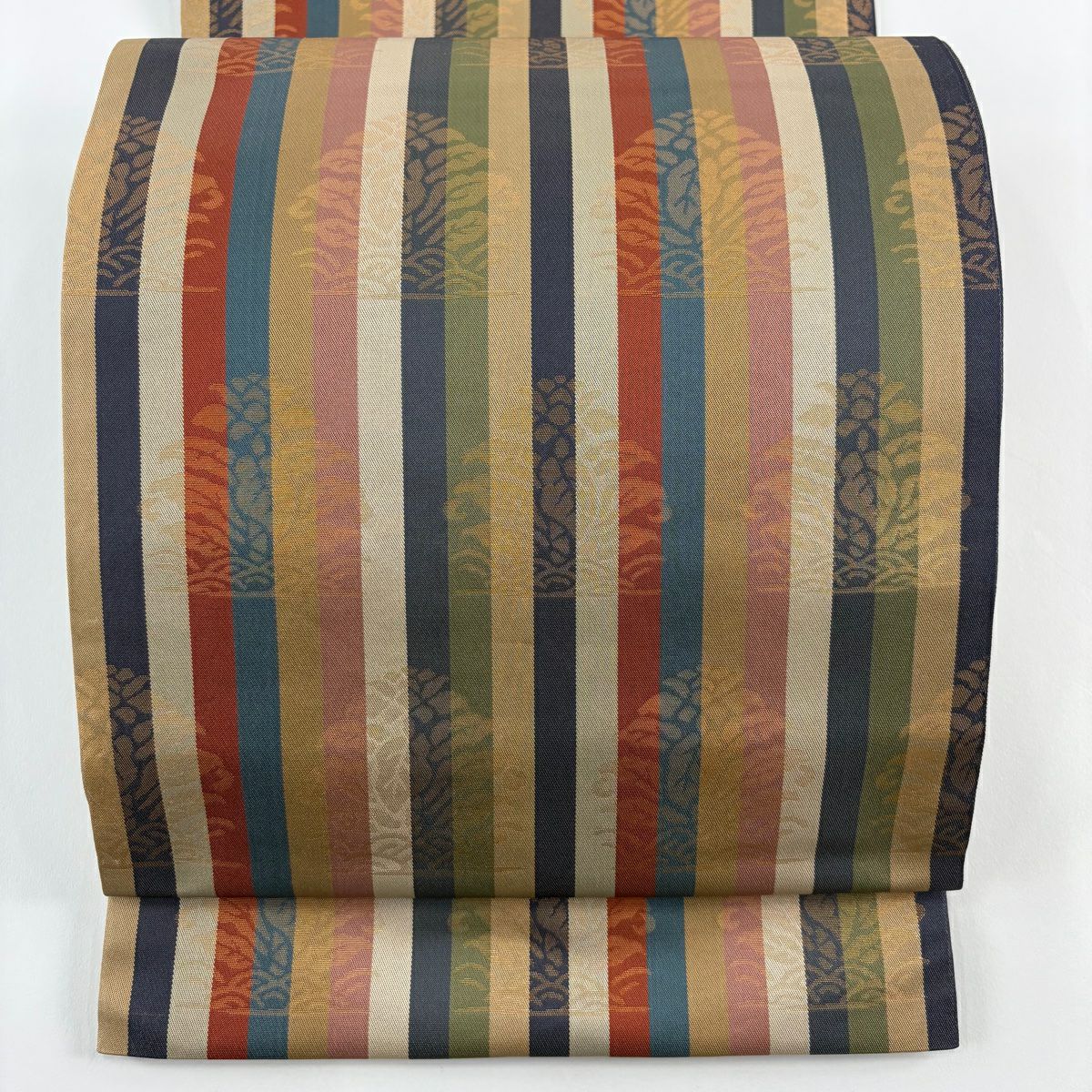 【美品】 袋帶 秀品級 落款あり あらいそ 縞 鶏頭 金金箔 灰綠 全通 純蠶絲