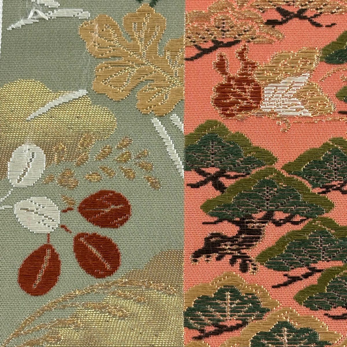 【美品】 袋帶 秀品級 草花紋紋 寶盡くし 唐織 金金箔 奶油 六通 純蠶絲