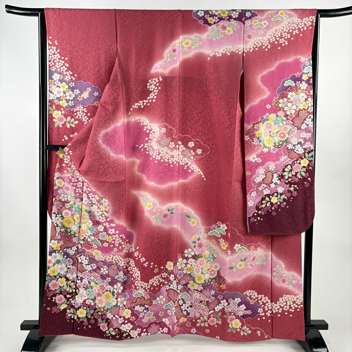 【美品】振袖禮服 身長162.5cm 袖長64cm M 雙層 草花紋紋 雲文 金通 金絲 深粉紅 純蠶絲 名品級