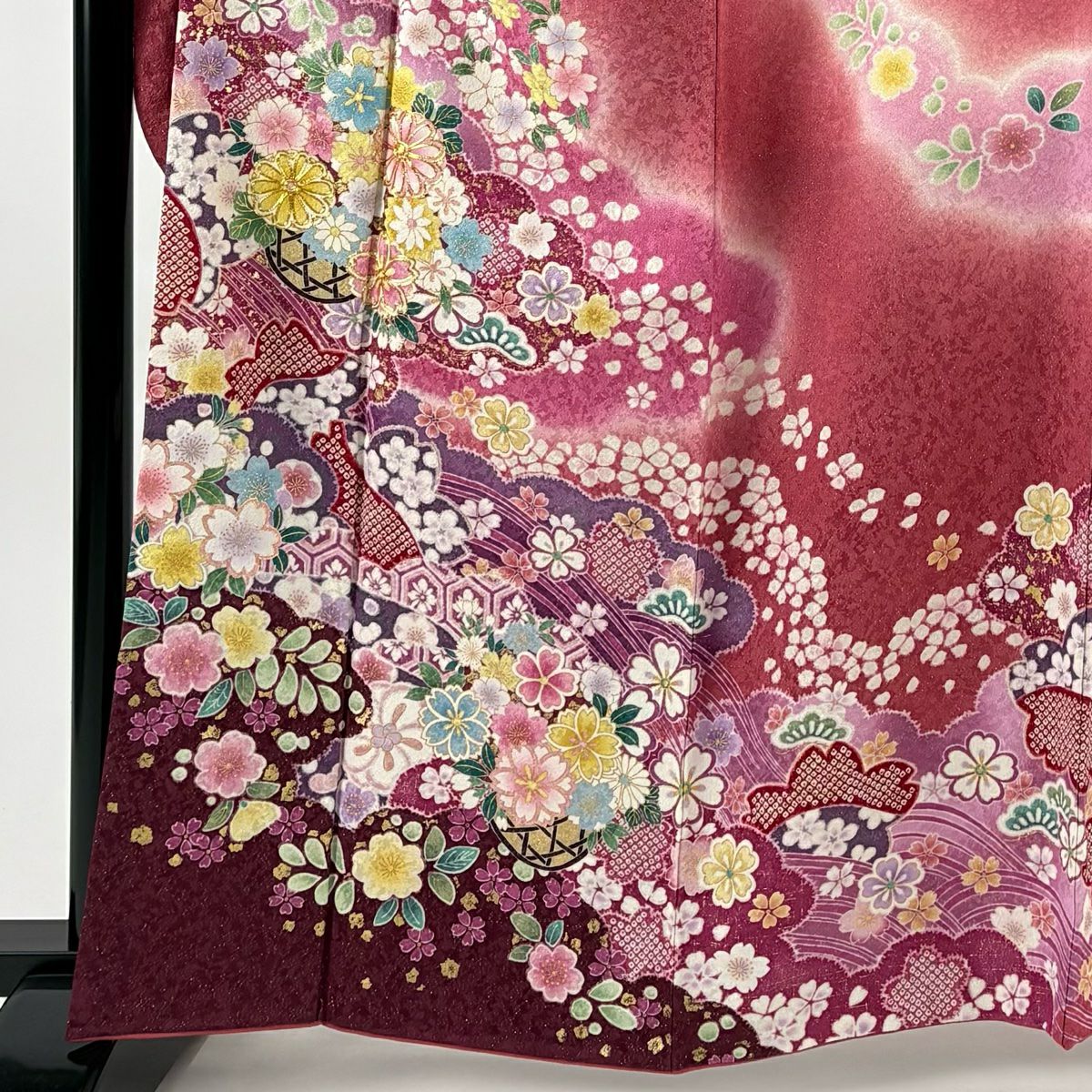 【美品】振袖禮服 身長162.5cm 袖長64cm M 雙層 草花紋紋 雲文 金通 金絲 深粉紅 純蠶絲 名品級