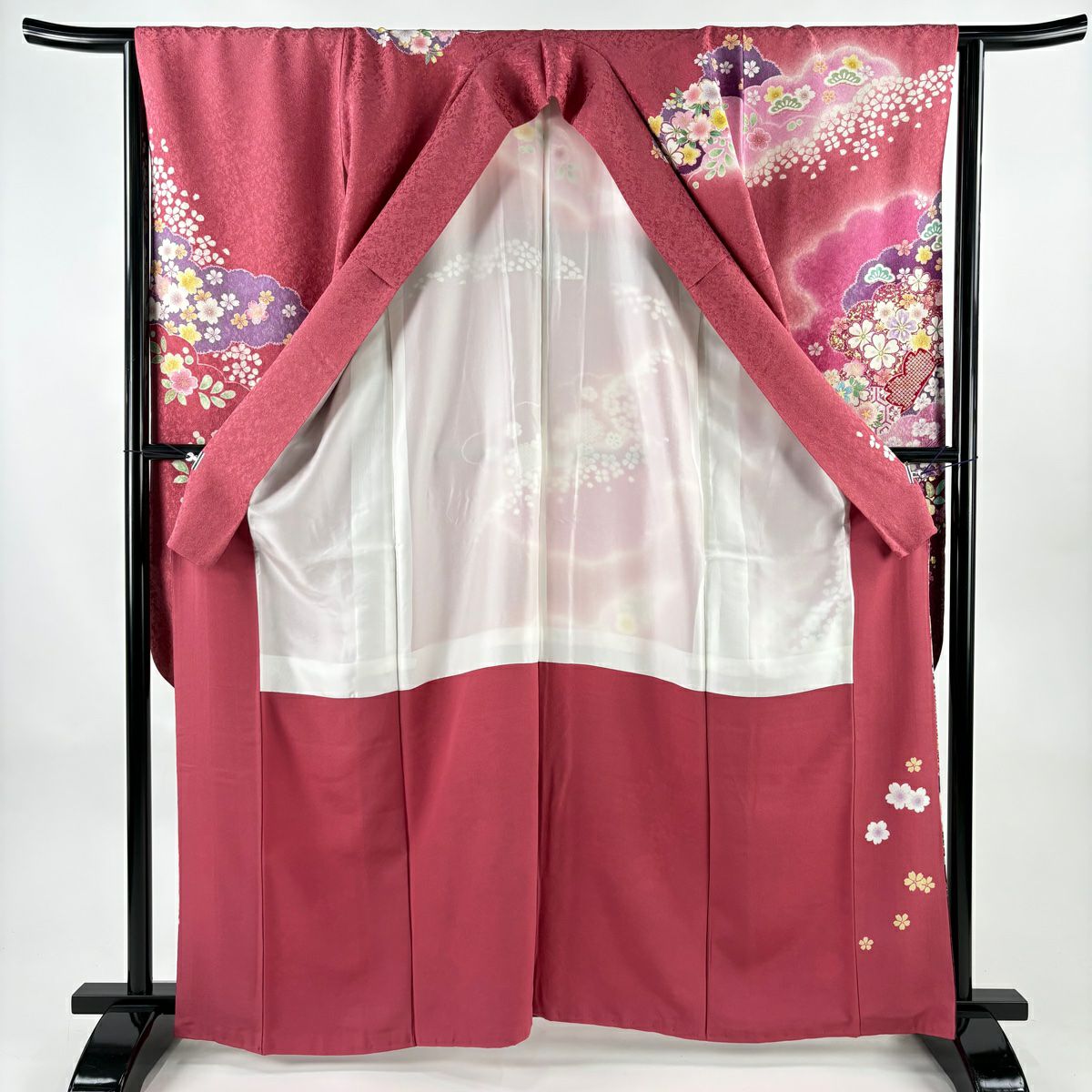 【美品】振袖禮服 身長162.5cm 袖長64cm M 雙層 草花紋紋 雲文 金通 金絲 深粉紅 純蠶絲 名品級