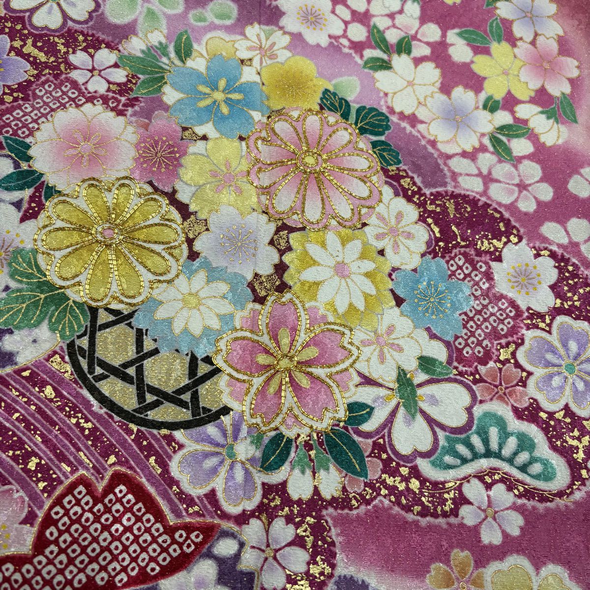 【美品】振袖禮服 身長162.5cm 袖長64cm M 雙層 草花紋紋 雲文 金通 金絲 深粉紅 純蠶絲 名品級