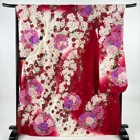 【美品】振袖禮服 身長171cm 袖長66cm M 雙層 牡丹 櫻花 刺繡 金銀彩 奶油色 純蠶絲 名品級