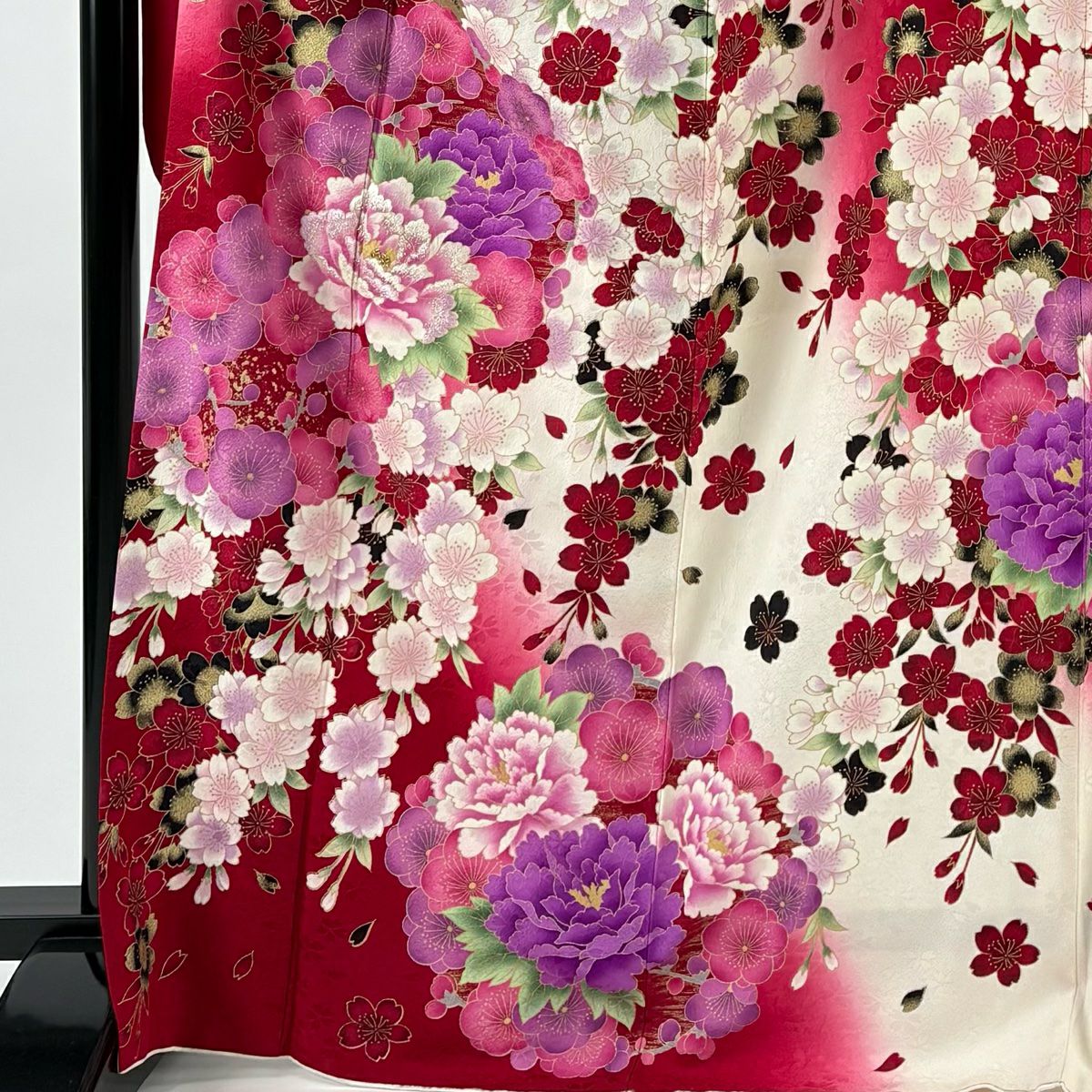 【美品】振袖禮服 身長171cm 袖長66cm M 雙層 牡丹 櫻花 刺繡 金銀彩 奶油色 純蠶絲 名品級