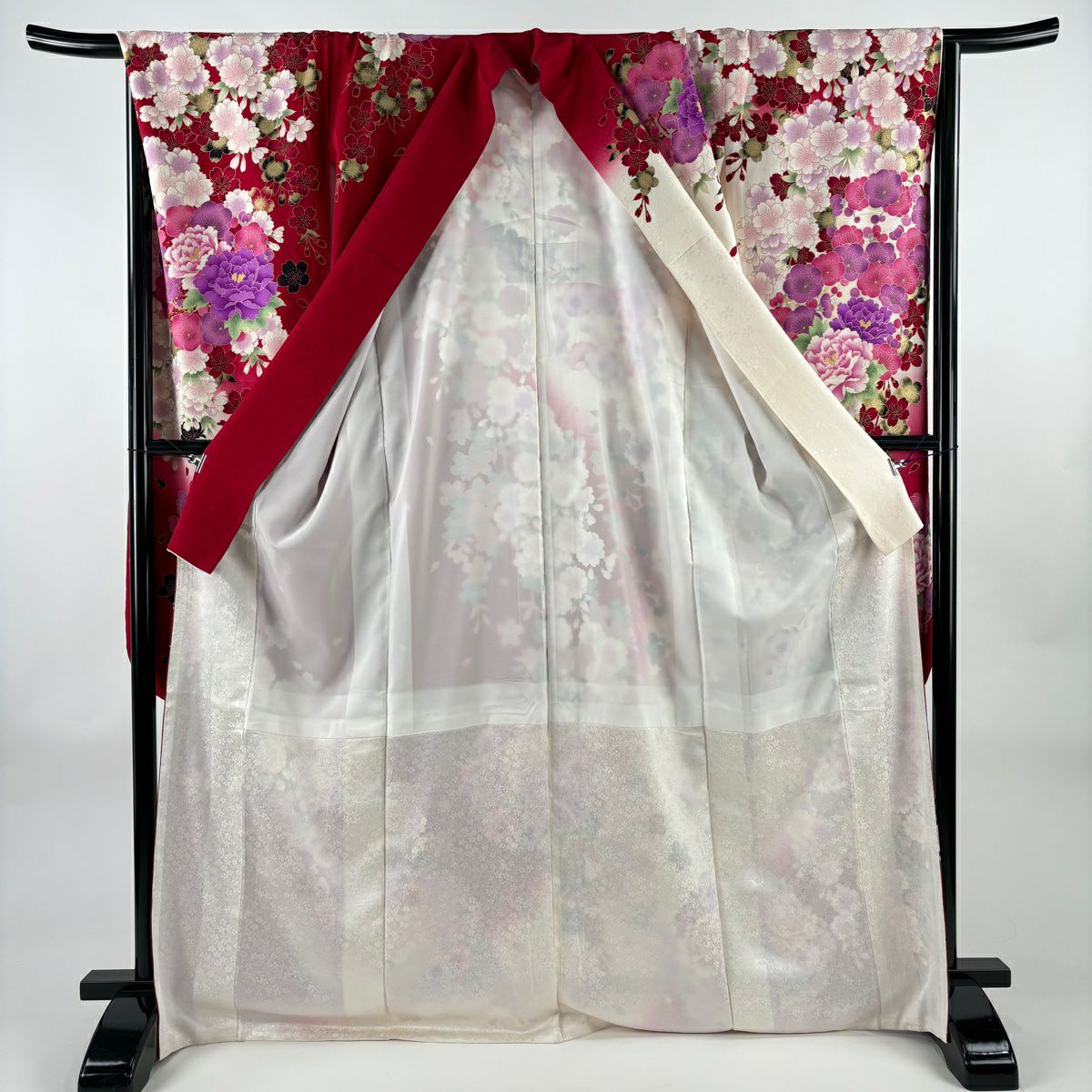 【美品】振袖禮服 身長171cm 袖長66cm M 雙層 牡丹 櫻花 刺繡 金銀彩 奶油色 純蠶絲 名品級