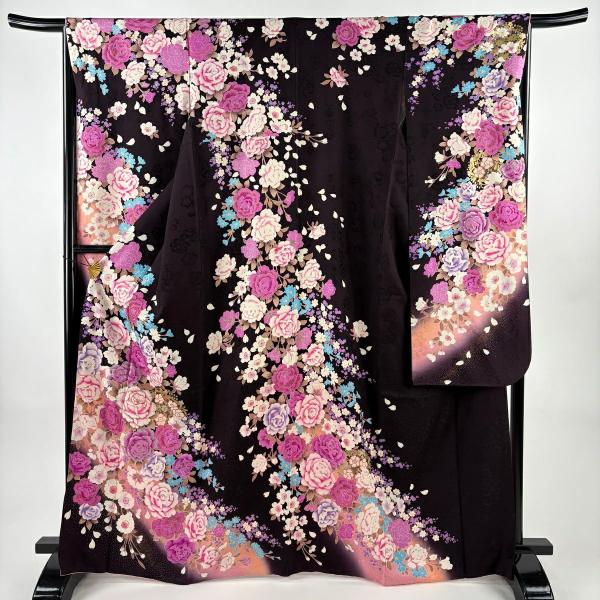 振袖禮服 身長166cm 袖長65.5cm M 雙層 薔薇 櫻花 刺繡 水晶茶紫 純蠶絲 名品級