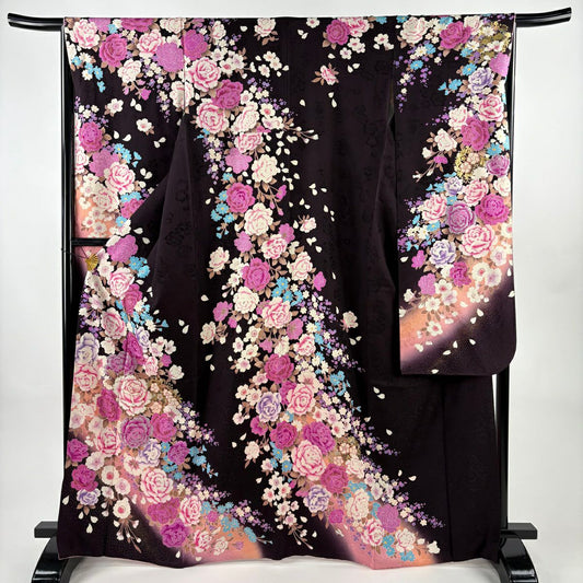 振袖禮服 身長166cm 袖長65.5cm M 雙層 薔薇 櫻花 刺繡 水晶茶紫 純蠶絲 名品級