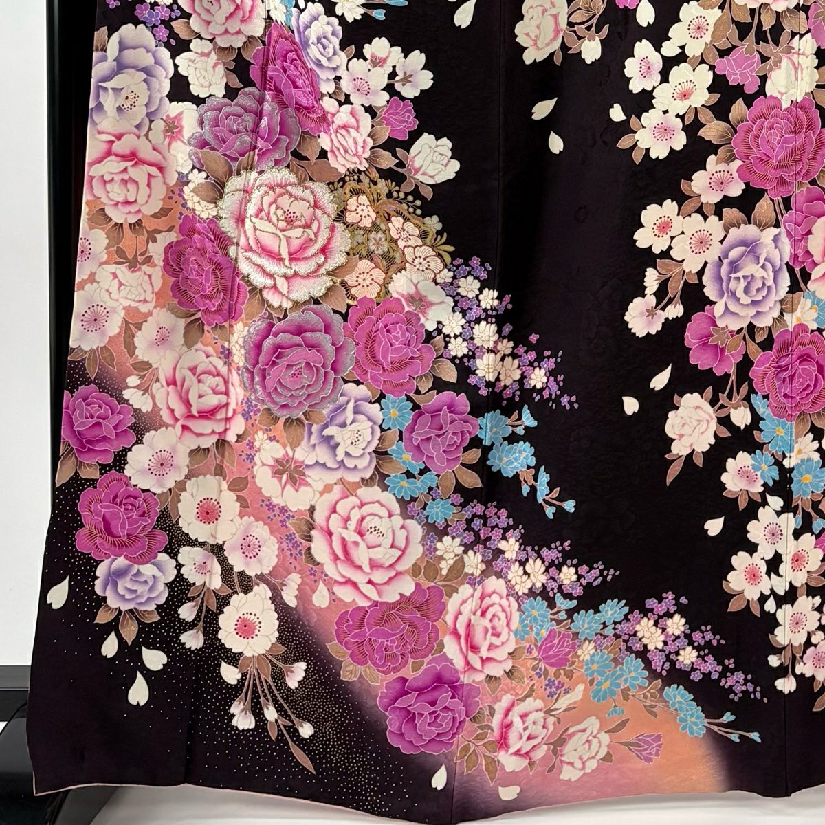 振袖禮服 身長166cm 袖長65.5cm M 雙層 薔薇 櫻花 刺繡 水晶茶紫 純蠶絲 名品級