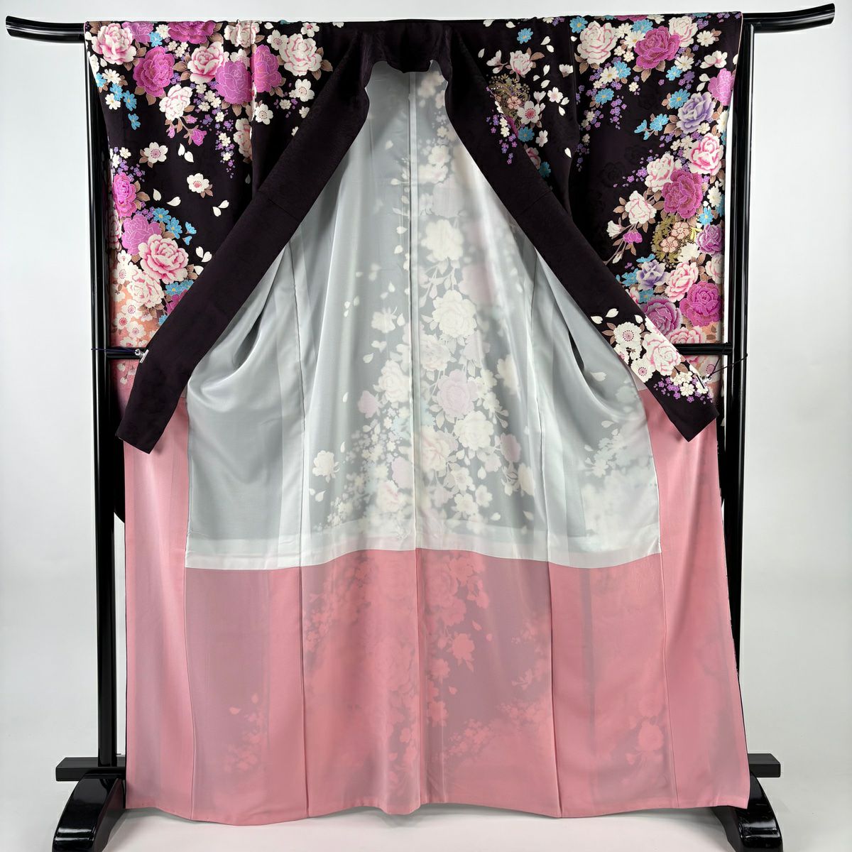 振袖禮服 身長166cm 袖長65.5cm M 雙層 薔薇 櫻花 刺繡 水晶茶紫 純蠶絲 名品級