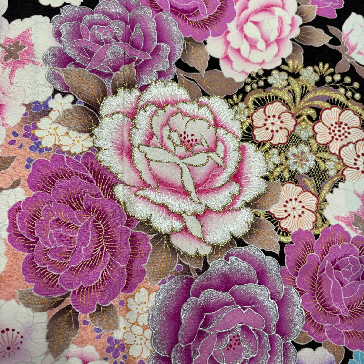 振袖禮服 身長166cm 袖長65.5cm M 雙層 薔薇 櫻花 刺繡 水晶茶紫 純蠶絲 名品級