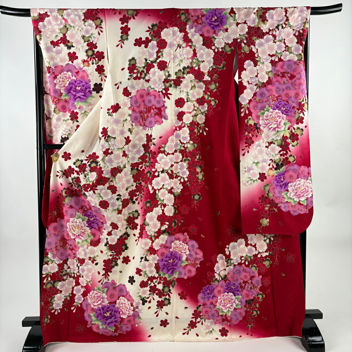 【美品】振袖禮服 身長170cm 袖長66cm M 雙層 牡丹 櫻花 刺繡 金銀彩 奶油色 純蠶絲 名品級