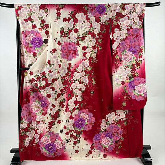 【美品】振袖禮服 身長170cm 袖長66cm M 雙層 牡丹 櫻花 刺繡 金銀彩 奶油色 純蠶絲 名品級