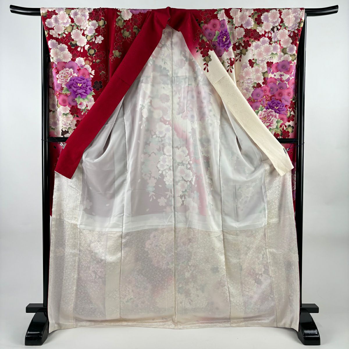 【美品】振袖禮服 身長170cm 袖長66cm M 雙層 牡丹 櫻花 刺繡 金銀彩 奶油色 純蠶絲 名品級