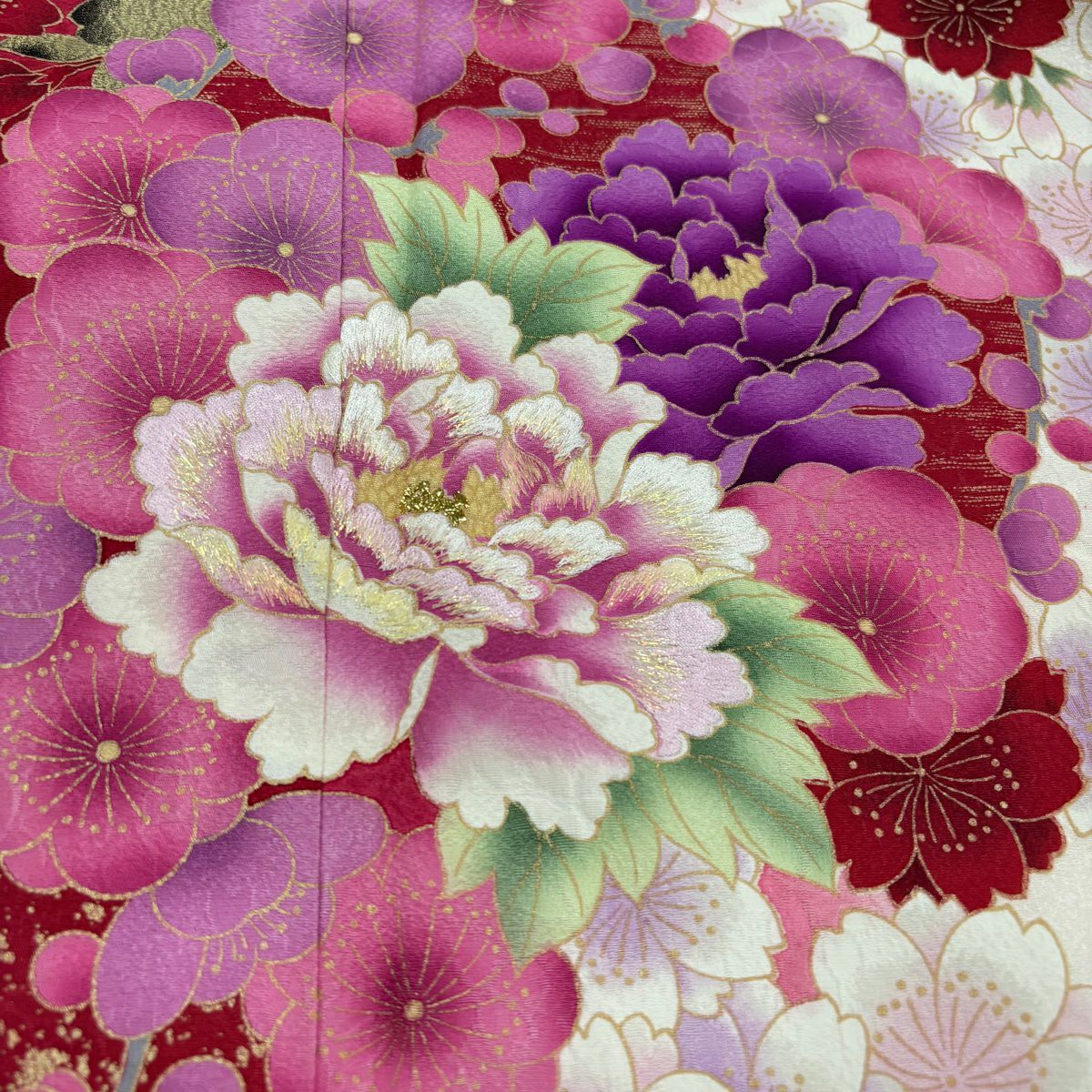 【美品】振袖禮服 身長170cm 袖長66cm M 雙層 牡丹 櫻花 刺繡 金銀彩 奶油色 純蠶絲 名品級