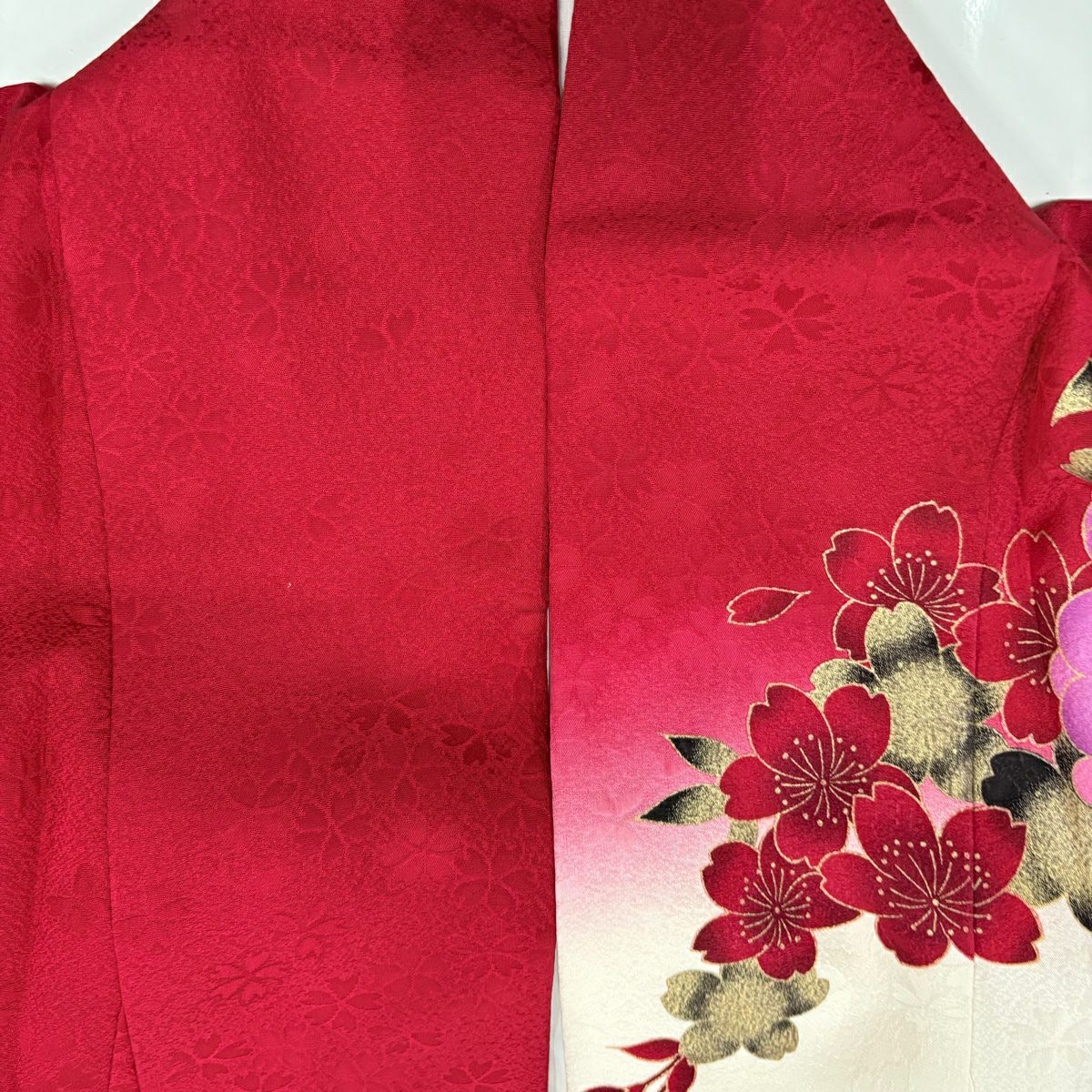 【美品】振袖禮服 身長170cm 袖長66cm M 雙層 牡丹 櫻花 刺繡 金銀彩 奶油色 純蠶絲 名品級