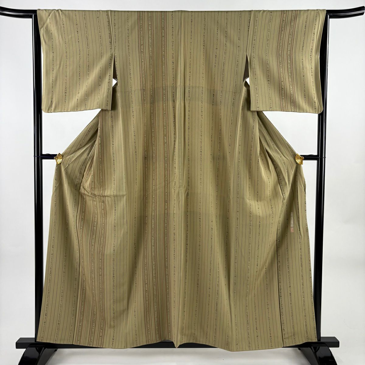 【美品】 付下 身長157cm 袖長65cm M 雙層 川村久太郎 落款あり 文字文 縱條紋 抹茶 純蠶絲 名品級
