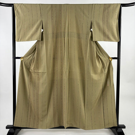 【美品】 付下 身長157cm 袖長65cm M 雙層 川村久太郎 落款あり 文字文 縱條紋 抹茶 純蠶絲 名品級