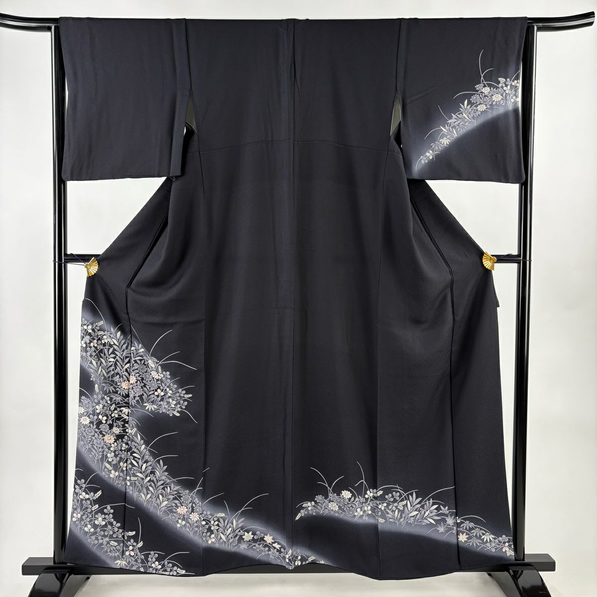 付下 身長157.5cm 袖長63.5cm S 雙層 草花紋紋 金銀彩 漸層 墨 黑 純蠶絲 名品級