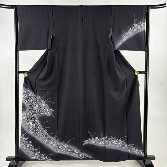 付下 身長157.5cm 袖長63.5cm S 雙層 草花紋紋 金銀彩 漸層 墨 黑 純蠶絲 名品級