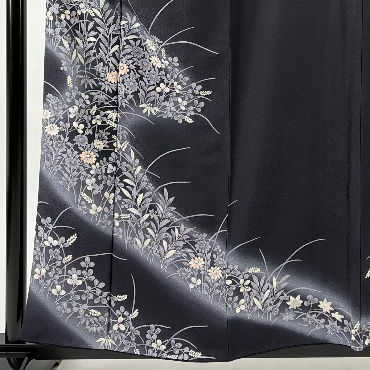付下 身長157.5cm 袖長63.5cm S 雙層 草花紋紋 金銀彩 漸層 墨 黑 純蠶絲 名品級
