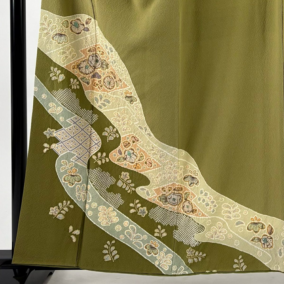 付下 身長159cm 袖長66cm M 雙層 翠山工房 大和 落款あり 辻花染 菱 鶯 純蠶絲 名品級