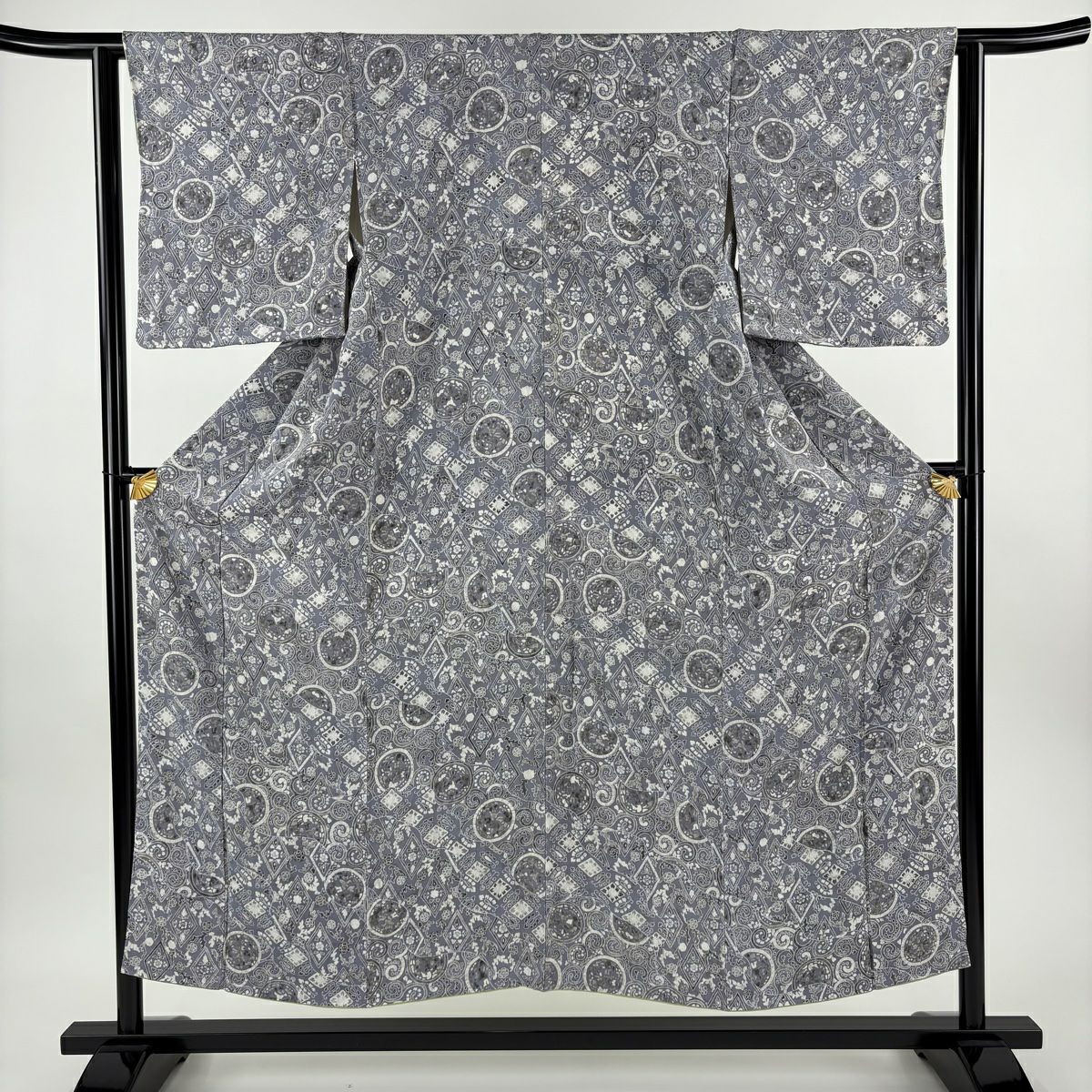 【美品】 小紋 身長150.5cm 袖長62cm S 雙層 落款あり 草花紋紋 菱紋 絞緬 青灰 純蠶絲 優品級