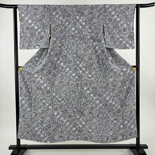 【美品】 小紋 身長150.5cm 袖長62cm S 雙層 落款あり 草花紋紋 菱紋 絞緬 青灰 純蠶絲 優品級