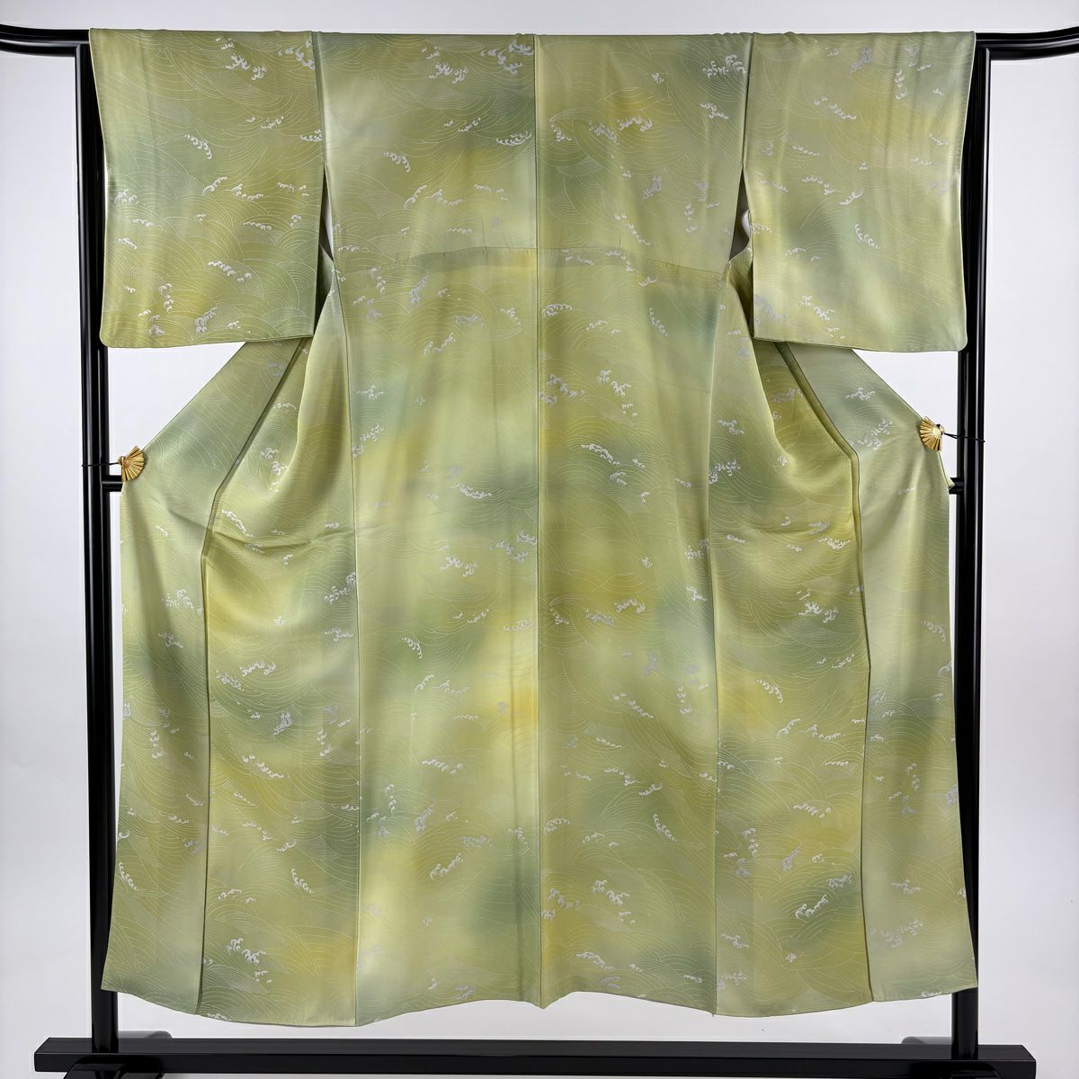 小紋 身長150.5cm 袖長64.5cm M 雙層 波頭 漸層 抹茶 純蠶絲 優品級