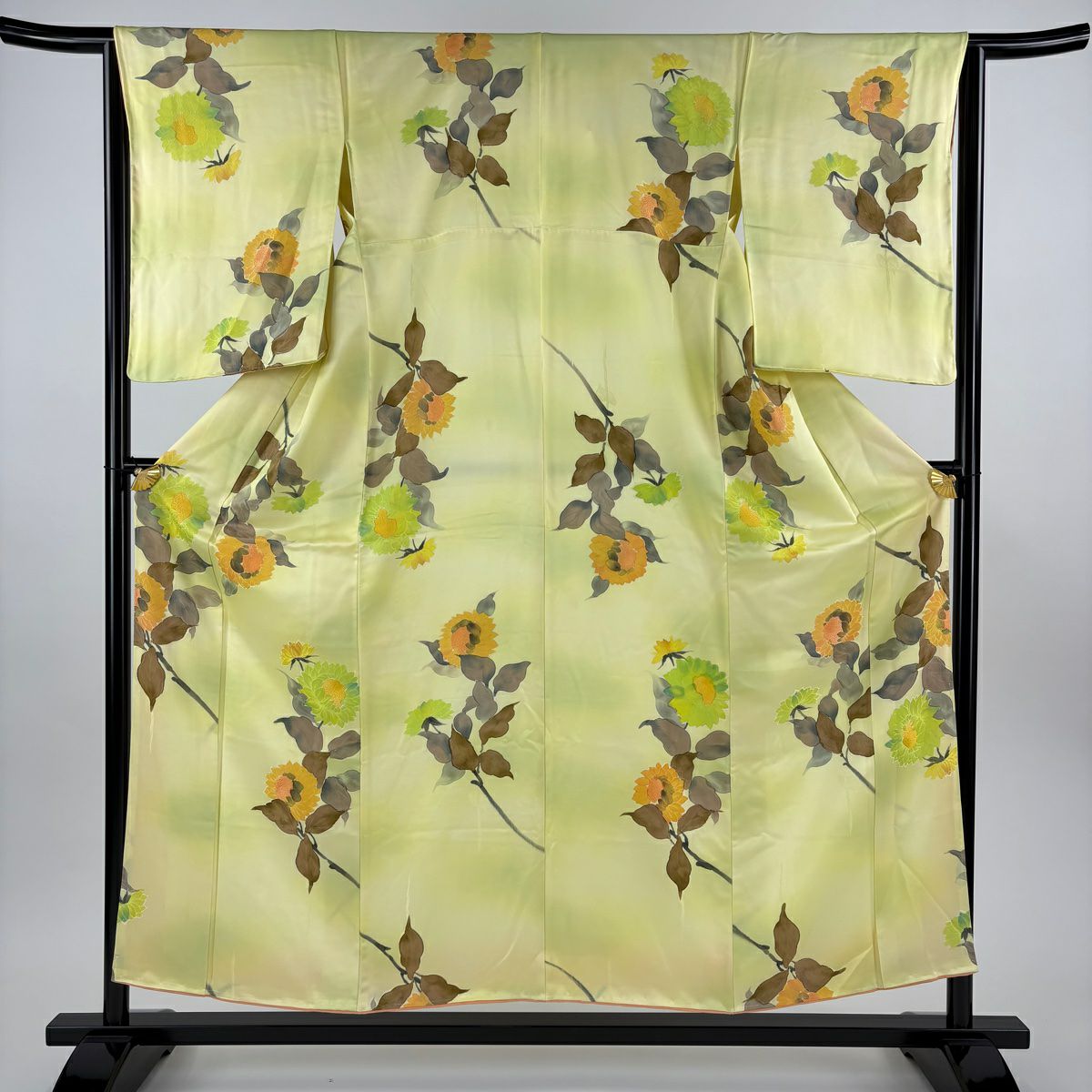 【美品】 小紋 身長154.5cm 袖長64cm M 雙層 向日葵 漸層 淡黃 純蠶絲 優品級