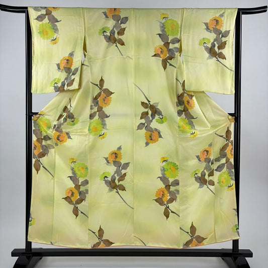 【美品】 小紋 身長154.5cm 袖長64cm M 雙層 向日葵 漸層 淡黃 純蠶絲 優品級