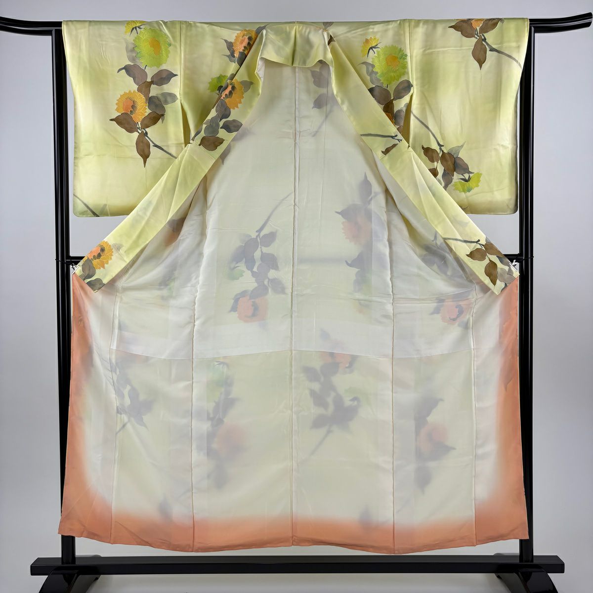 【美品】 小紋 身長154.5cm 袖長64cm M 雙層 向日葵 漸層 淡黃 純蠶絲 優品級