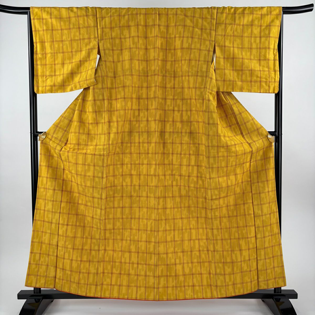 【美品】 紬織 身長160.5cm 袖長65.5cm M 雙層 格子 山吹 純蠶絲 優品級