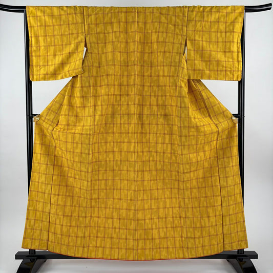 【美品】 紬織 身長160.5cm 袖長65.5cm M 雙層 格子 山吹 純蠶絲 優品級