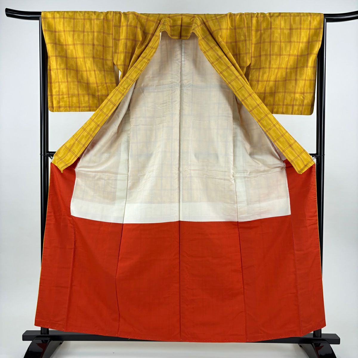 【美品】 紬織 身長160.5cm 袖長65.5cm M 雙層 格子 山吹 純蠶絲 優品級