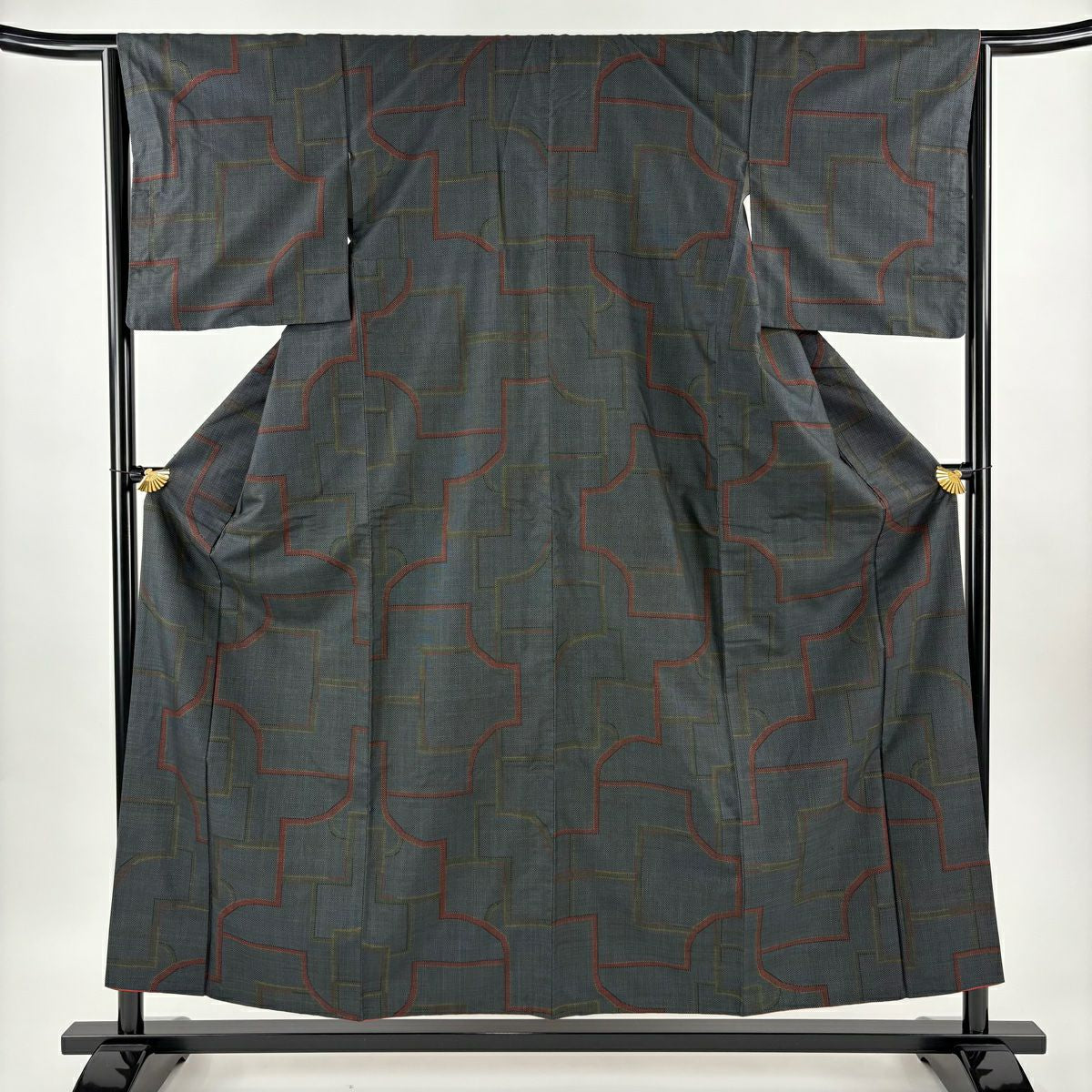 紬織 身長155.5cm 袖長64.5cm M 雙層 幾何學圖案 深藍 純蠶絲 優品級