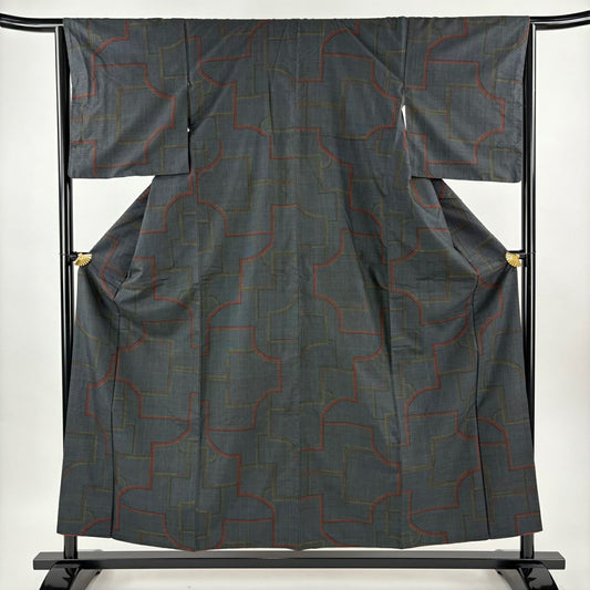 紬織 身長155.5cm 袖長64.5cm M 雙層 幾何學圖案 深藍 純蠶絲 優品級