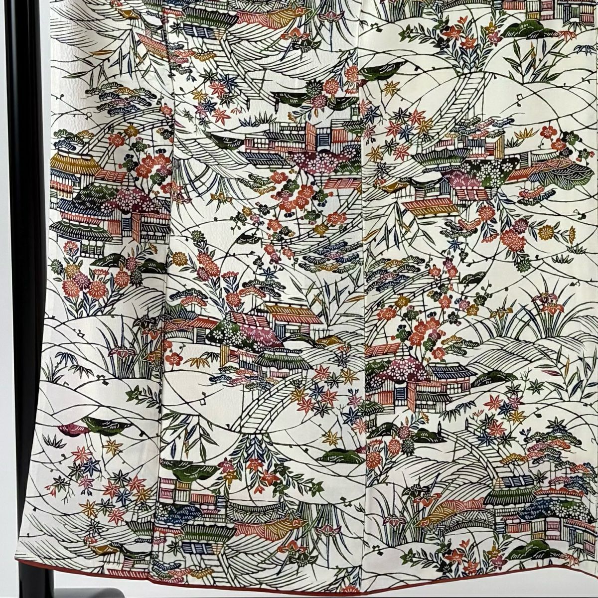 小紋 身長152.5cm 袖長64.5cm M 雙層 家屋 松樹竹子梅花 縮緬 奶油色 純蠶絲 優品級