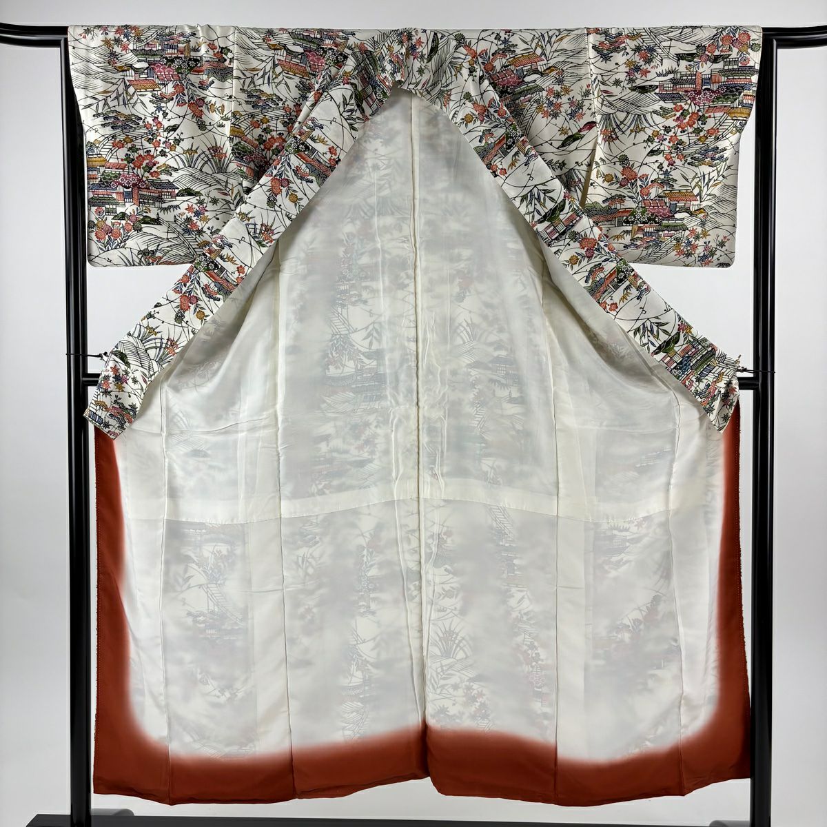 小紋 身長152.5cm 袖長64.5cm M 雙層 家屋 松樹竹子梅花 縮緬 奶油色 純蠶絲 優品級