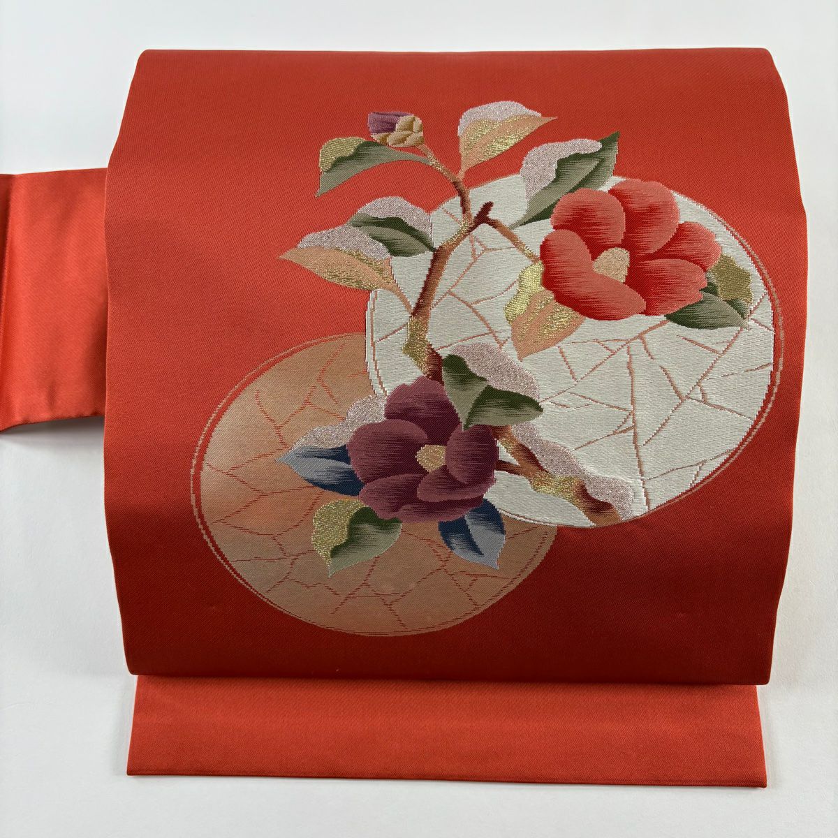 【美品】名古屋帶 優品級 椿 圓文 金金箔 金絲 朱 純蠶絲