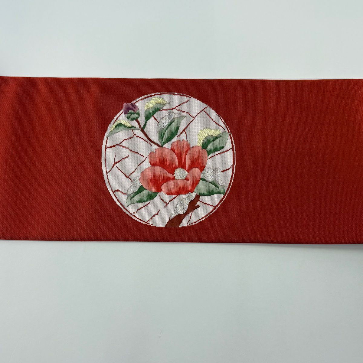 【美品】名古屋帶 優品級 椿 圓文 金金箔 金絲 朱 純蠶絲