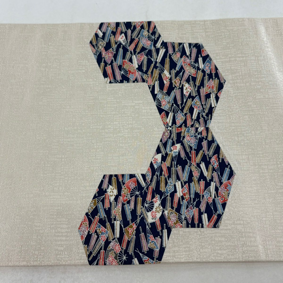 【美品】 開口名古屋帶 優品級 扇子子 銀線 奶油色 純蠶絲
