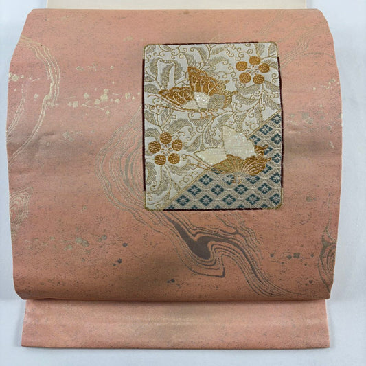 名古屋帶 優品級 蝴蝶 花唐草紋 金銀彩 金金箔 鮭粉色 純蠶絲