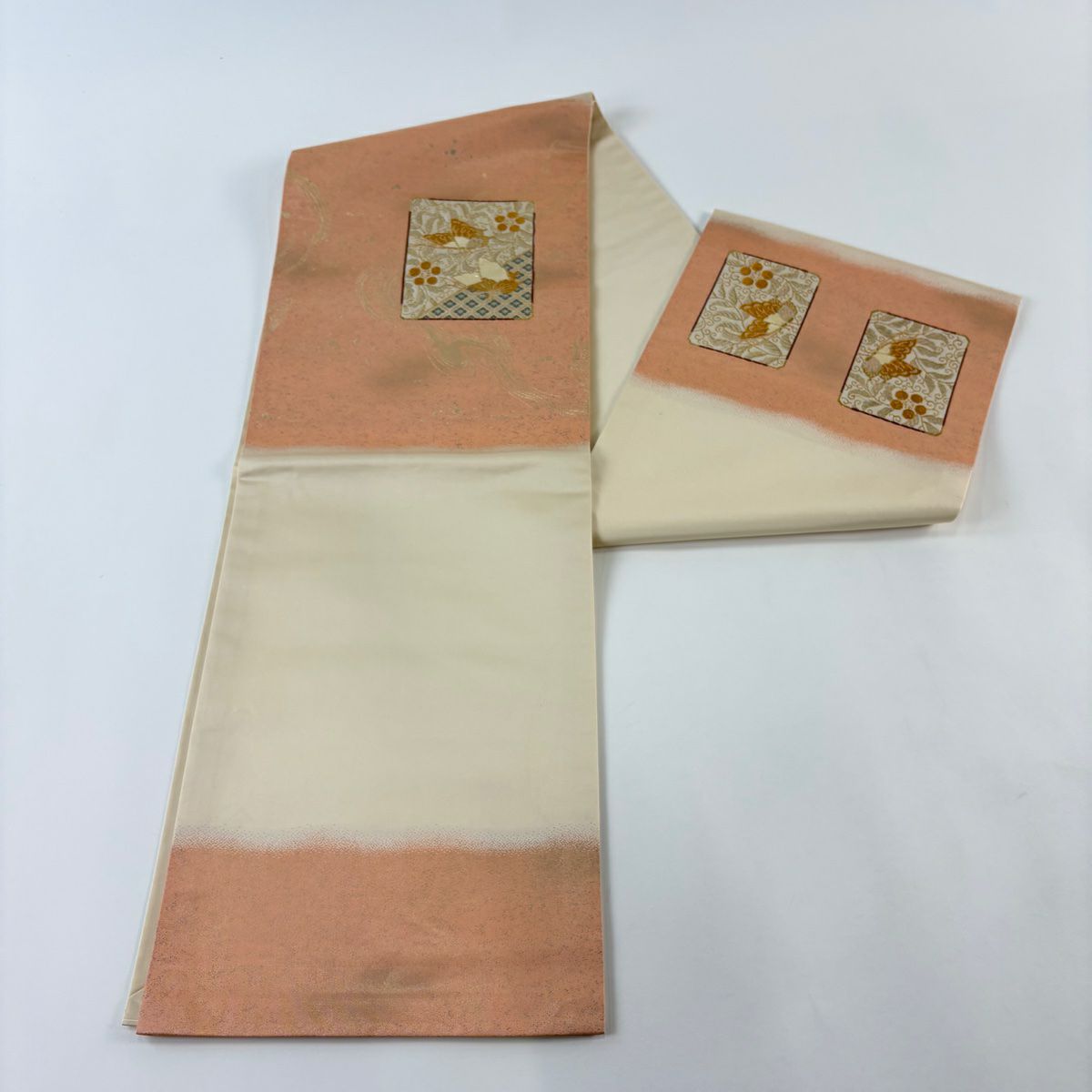 名古屋帶 優品級 蝴蝶 花唐草紋 金銀彩 金金箔 鮭粉色 純蠶絲