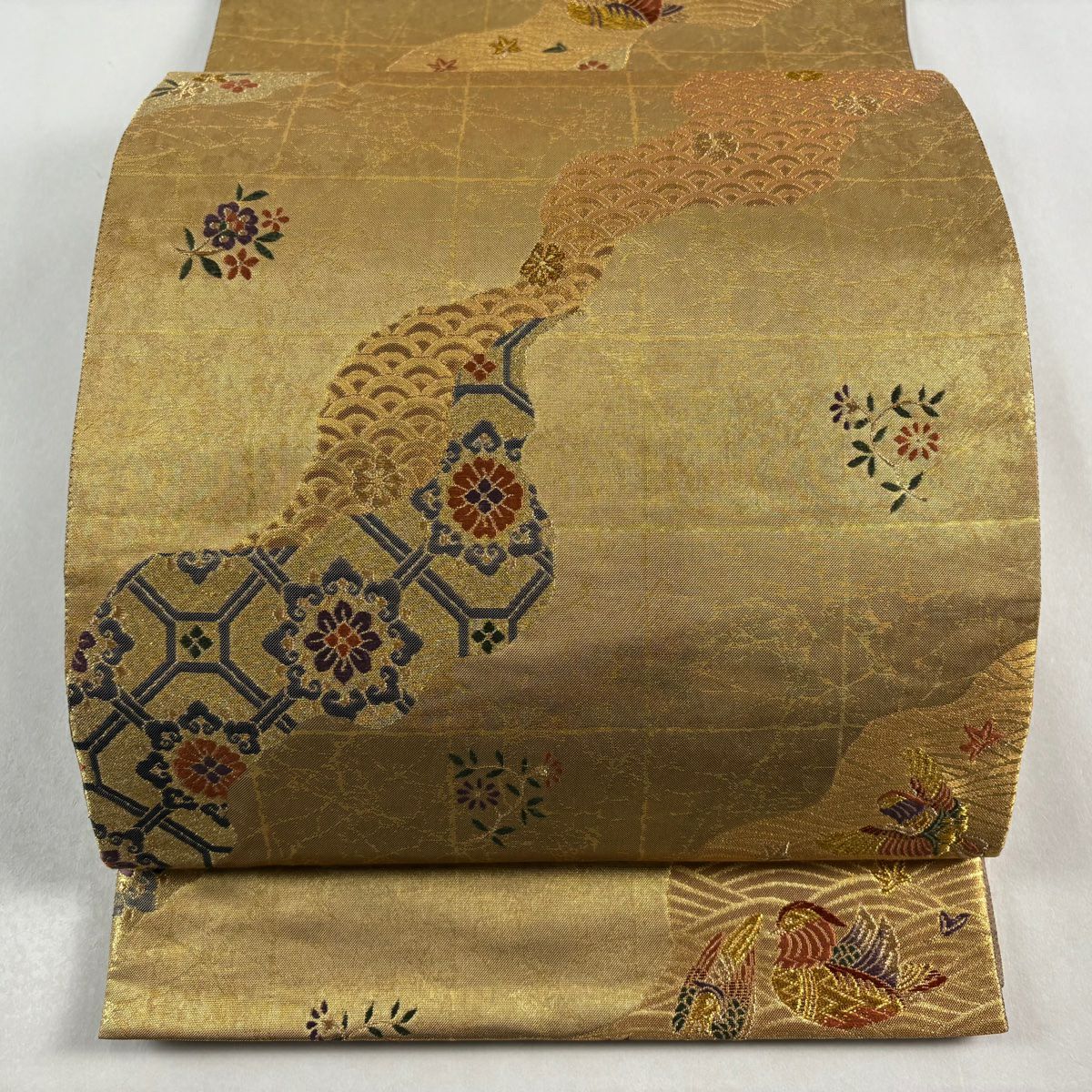 袋帶 秀品級 鴛鴦 草花紋 金糸 金金箔 金茶 六通 純蠶絲